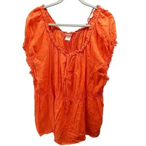Avenue Peasant Top 30/32W Orange Boho Lurex Stripe Lace Up Back Gauze Blouse